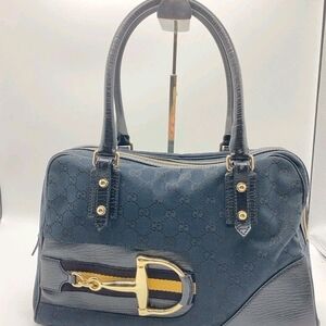 Gucci Black Denim Handbag with Gold Bit Accents Authentic In Excellent Condition